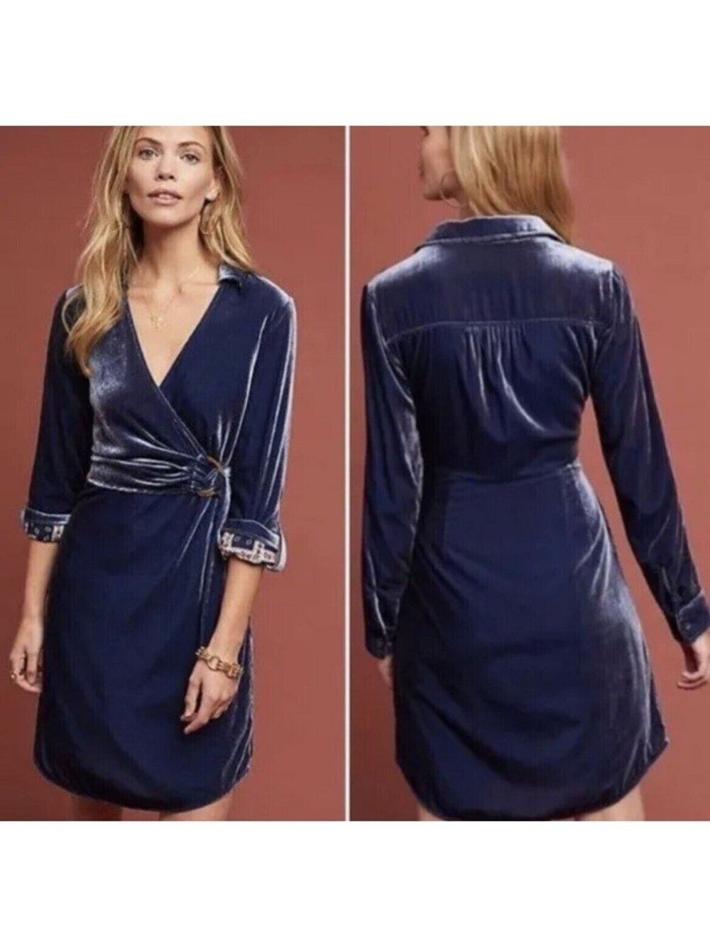 Anthropologie Maeve Deep Blue Velvet Wrap Dress V-Neck Pockets Contrast size 2